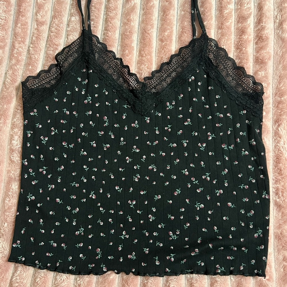 NOBO Black Floral Cami with Lace Trim